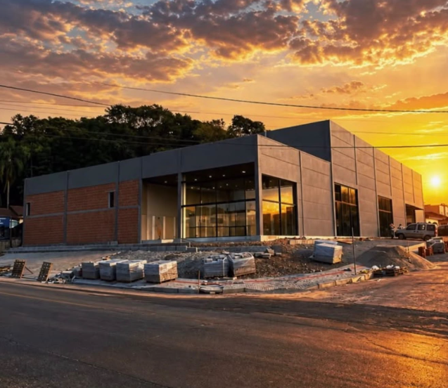 Obra real da nova unidade da Zanella Fitness ao pôr do sol